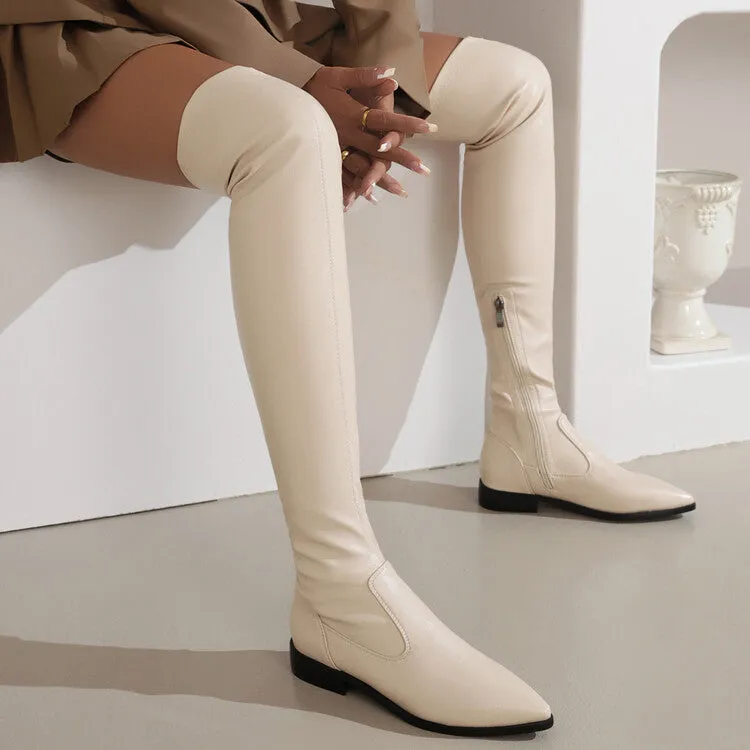 Women's Pu Leather Pointed Toe Side Zippers Over The Knee Puppy Heel High Boots