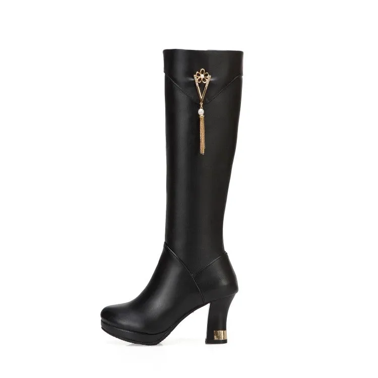 Women's Side Zippers Rhinestone Tassel Spool Heel Platform Knee High Boots